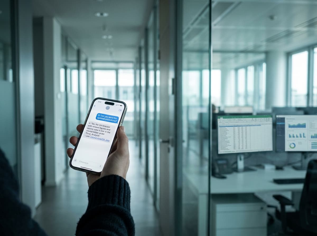 Bir el telefonu tutuyor; ekranda kısa bir soru ve altında kaynak bağlantısı olan bir cevap görünüyor.