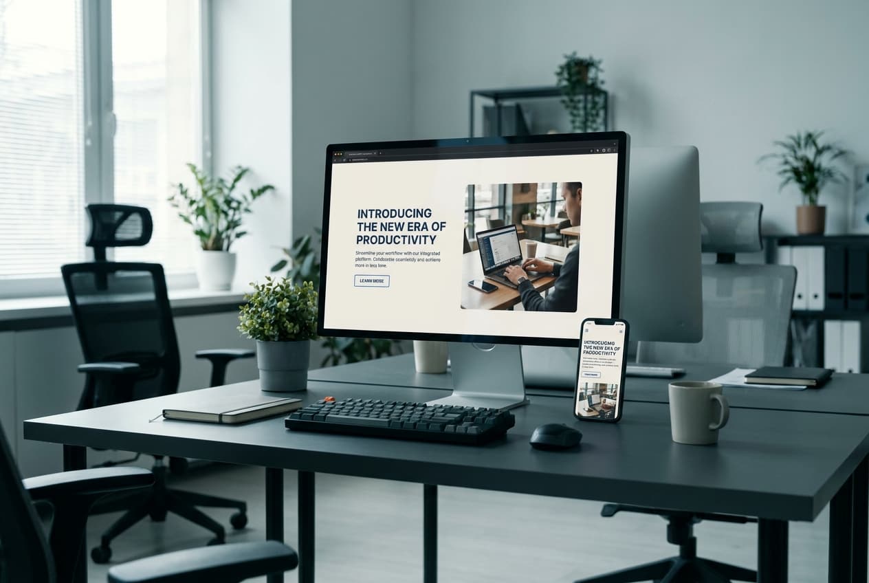 Tasarımcı masasında büyük bir ekranda yayımlanmış görünen bir web sayfası: başlık, paragraf, tek düğme ve içine yerleşmiş bir fotoğraf. Yanındaki telefonda aynı sayfanın dar düzeni duruyor.